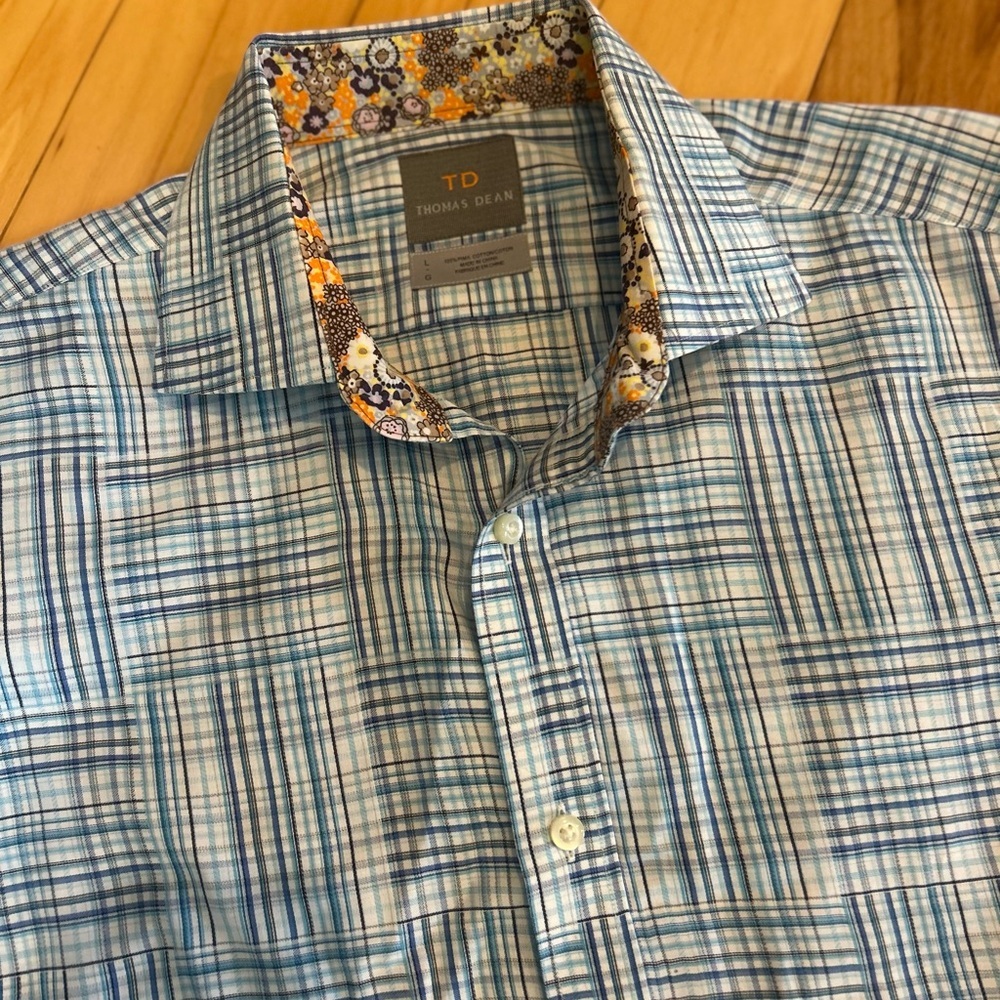 Thomas Dean Blue Plaid Men's Cotton Soft Long-Sleeve Shirt